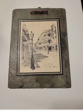 Vintage New Orleans French Quarter Royal St Sketch Slate Wall Art Don Davey 1976